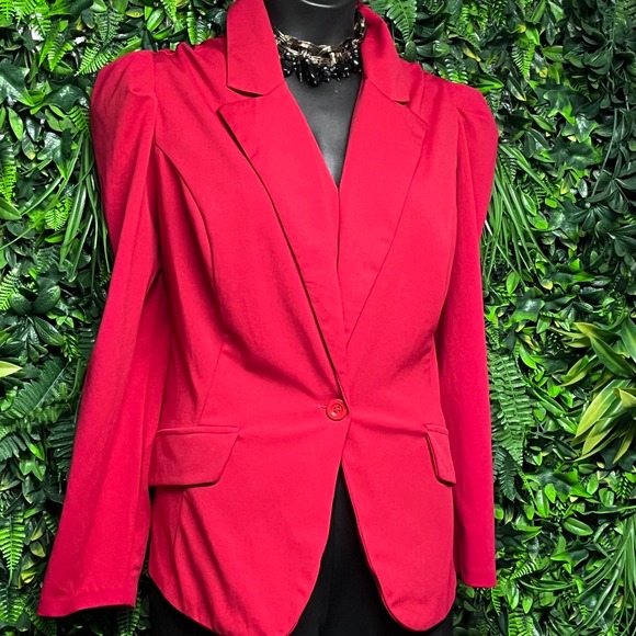 Ashley Stewart Blazer Size 22/24 Red Puff Shoulder Single Button Stretch 3627 - Picture 2 of 6